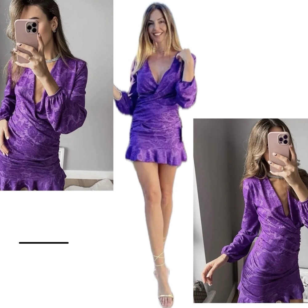 Zara purple jacquard ruffle frill draped ruched long sleeve wrap dress Sz M NWT - Picture 4 of 10